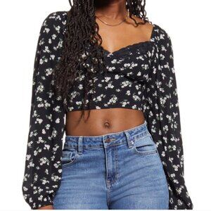 NWOT BP Lace Trim Dark Floral Long Sleeve Crop Top Blouse Size XS